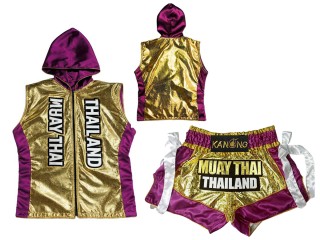 สั่งทำ ของที่ระลึกไทย ชุดมวยไทย ชุดนักมวยปักชื่อ : รุ่น-004-ทอง-ม่วง